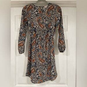 LOFT Blue and Brown Paisley Long Sleeve Dress